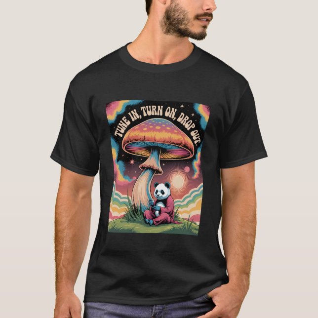 Retro Psychedelic Panda Mushroom Cosmic Vibes T-Shirt (Front)