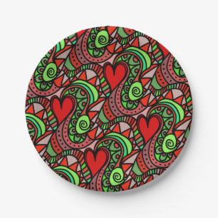 Retro Psychedelic Red Heart Doodle Abstract Paper Plate