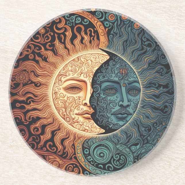 Retro Psychedelic Sun and Moon Faces Coaster (Front)