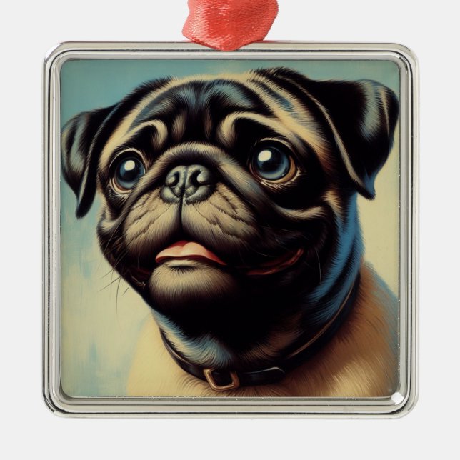 Retro Pug Painting Metal Ornament (Front)