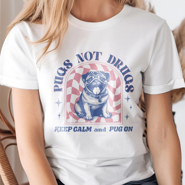 Retro 'Pugs Not Drugs' Bubblegum Pink and Blue Fun T-Shirt (This fun design showcases an adorable retro pug with muted pink and colors.)