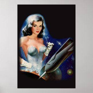 Retro Pulp Science Fiction Woman in Outer Space wi Poster