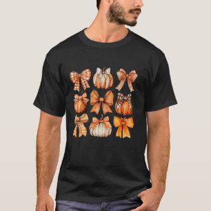 Retro Pumpkin Cute Coquette Bows Autumn Fall Thank T-Shirt