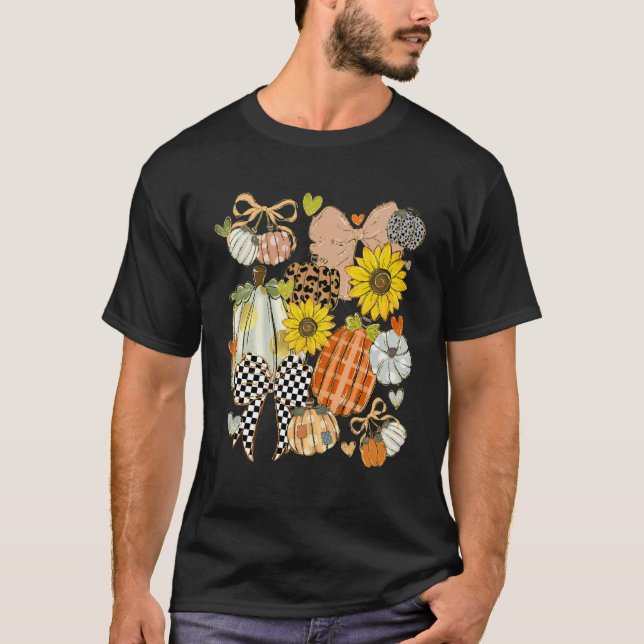 Retro Pumpkin Patchwork Coquette Leopard Print Fal T-Shirt (Front)