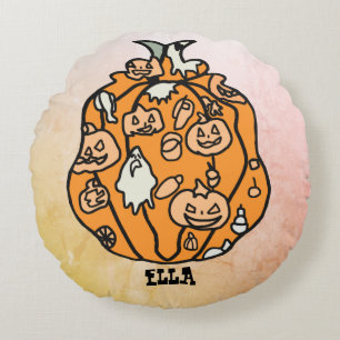 Retro Pumpkin Spooks and Halloween Treats Round Cushion