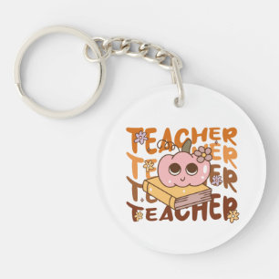 Retro Pumpkin Teacher Halloween Fall Key Ring