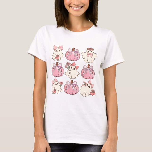 Retro Pumpkins and Ghosts with Coquette Bow T-Shirt (Front)