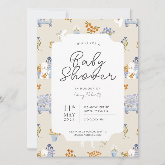 Retro Puppy Dog Floral Flower Shop Baby Shower Invitation (Front)