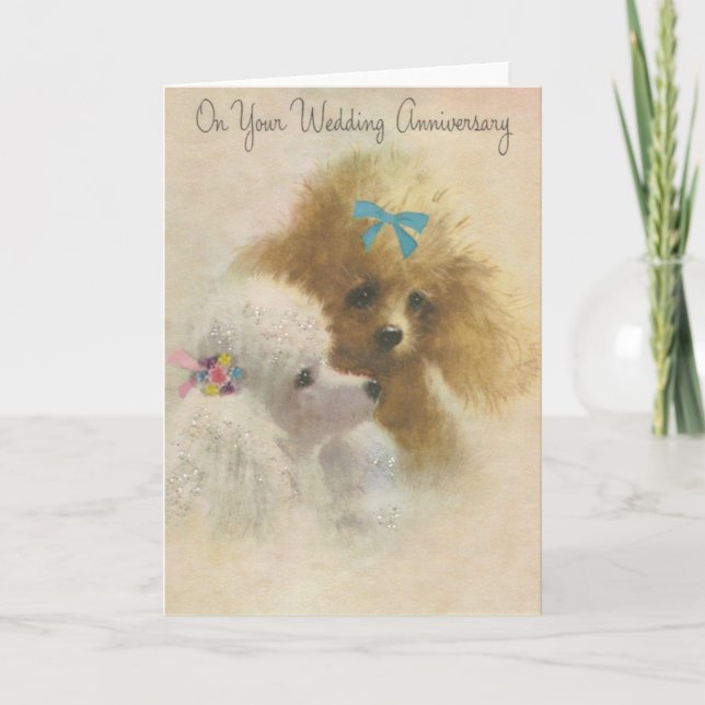 Retro Puppy Wedding Anniversary Greeting Card (Front)