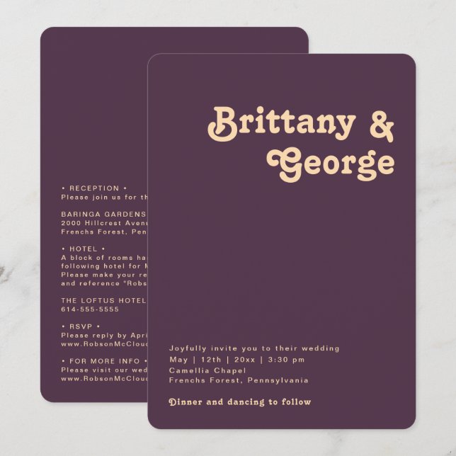 Retro Purple All In One Rounded Edges Wedding Invitation (Front/Back)
