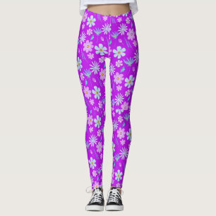 Retro Purple and Blue Flowers 1970s Leggings