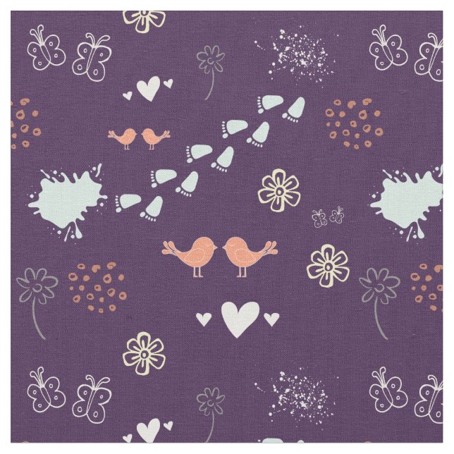 Retro purple and colourful pattern of birds, dots, fabric (Close Up)