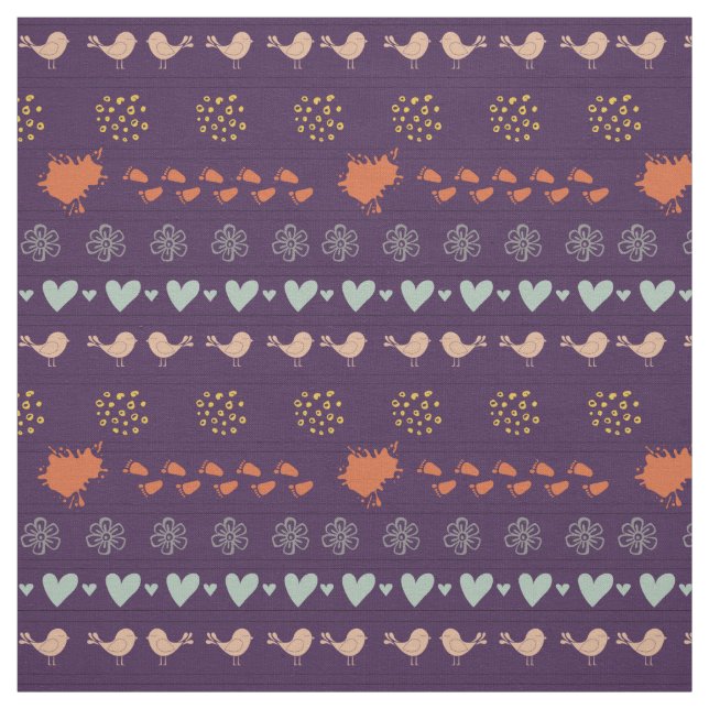 Retro purple and grey pattern of birds, dots, foot fabric (Swatch)