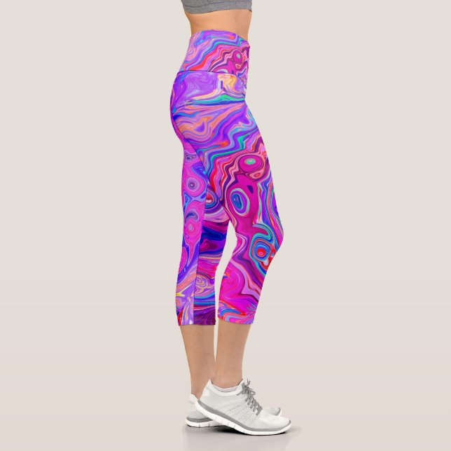 Retro Purple and Orange Abstract Groovy Swirl Capri Leggings (Right)