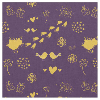 Retro purple and yellow pattern of birds, dots,  fabric