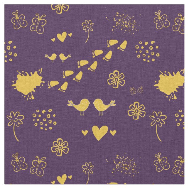 Retro purple and yellow pattern of birds, dots,  fabric (Close Up)