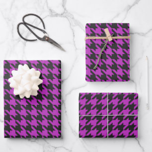 Retro Purple Black Houndstooth Check Pattern  Wrapping Paper Sheet