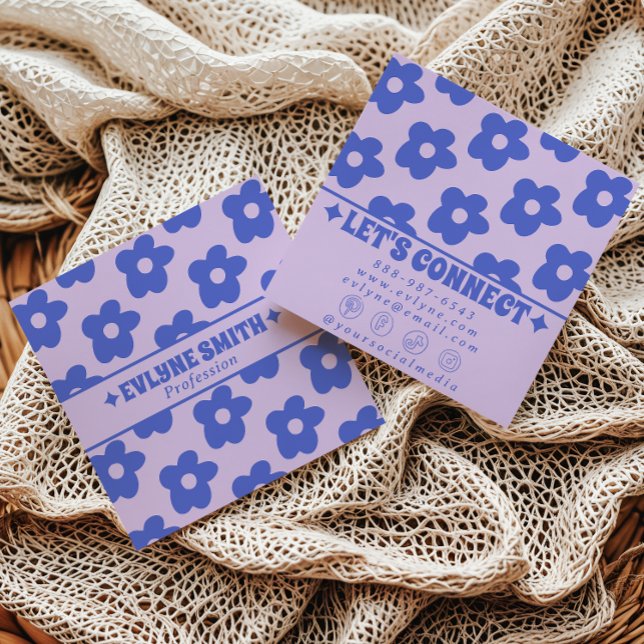 Retro Purple Blue Groovy Floral Trendy Fun Boho Square Business Card (Creator Uploaded)
