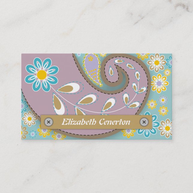 Retro purple, blue paisley motif floral business card (Front)