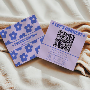 Retro Purple Blue QR Code Groovy Floral Trendy Fun Square Business Card