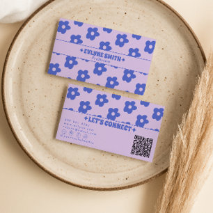 Retro Purple Blue QR Code Groovy Floral Unique Business Card