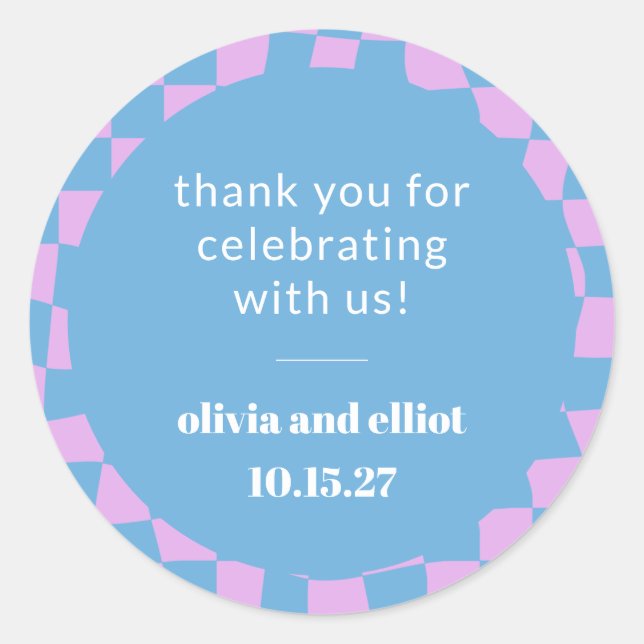 Retro Purple Chequerboard Custom Couples Shower Classic Round Sticker (Front)
