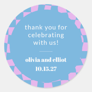 Retro Purple Chequerboard Custom Couples Shower Classic Round Sticker