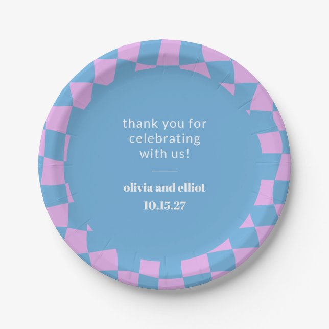 Retro Purple Chequerboard Custom Couples Shower Paper Plate (Front)