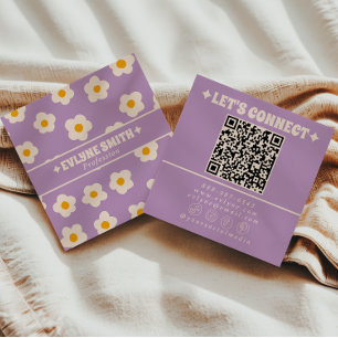 Retro Purple Cream QR Code Groovy Floral Trendy Square Business Card
