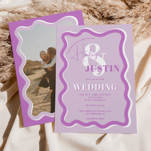 Retro purple curve squiggle wavy wedding photo invitation