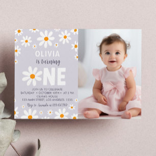 Retro Purple Daisy First Birthday Photo Invitation