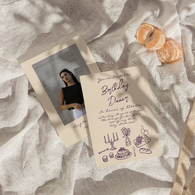 Retro Purple Drawn Birthday Dinner Party Photo Invitation (Creator Uploaded)