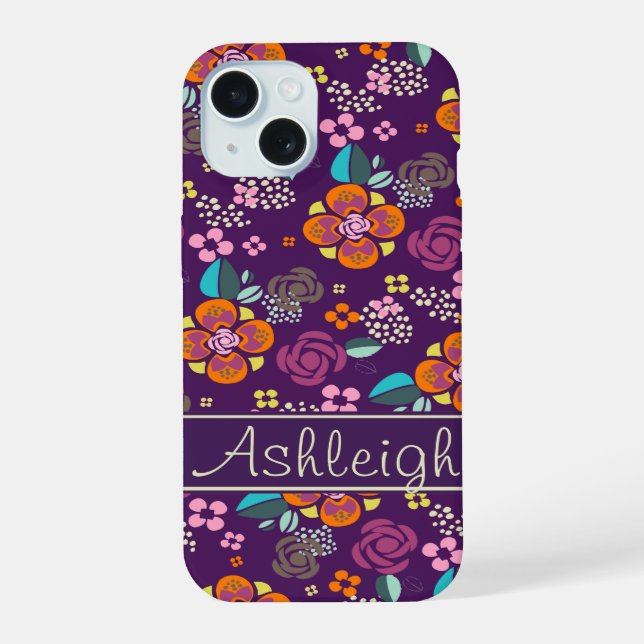 Retro Purple Floral Pattern iPhone 15 Case (Back)