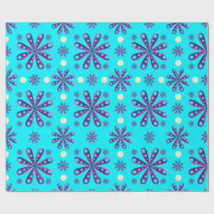 Retro Purple Flowers on Blue Background Wrapping Paper