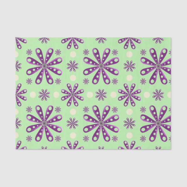 Retro Purple Flowers on Green Background Tissue Paper (Front)