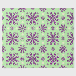 Retro Purple Flowers on Green Background Wrapping Paper