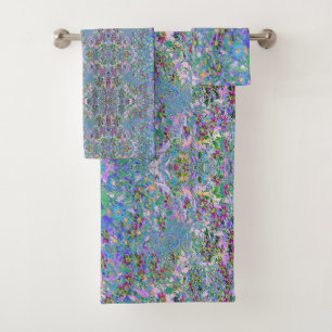 Retro Purple, Green and Blue Wildflowers on Pink Bath Towel Set