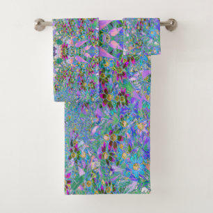 Retro Purple, Green and Blue Wildflowers on Pink Bath Towel Set