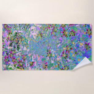 Retro Purple, Green and Blue Wildflowers on Pink Beach Towel