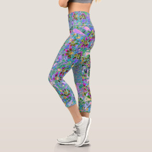 Retro Purple, Green and Blue Wildflowers on Pink Capri Leggings