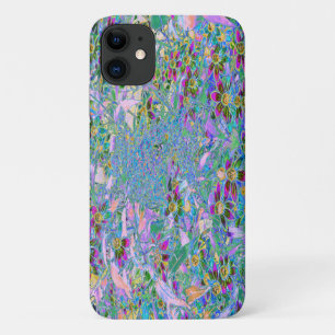 Retro Purple, Green and Blue Wildflowers on Pink iPhone 11 Case