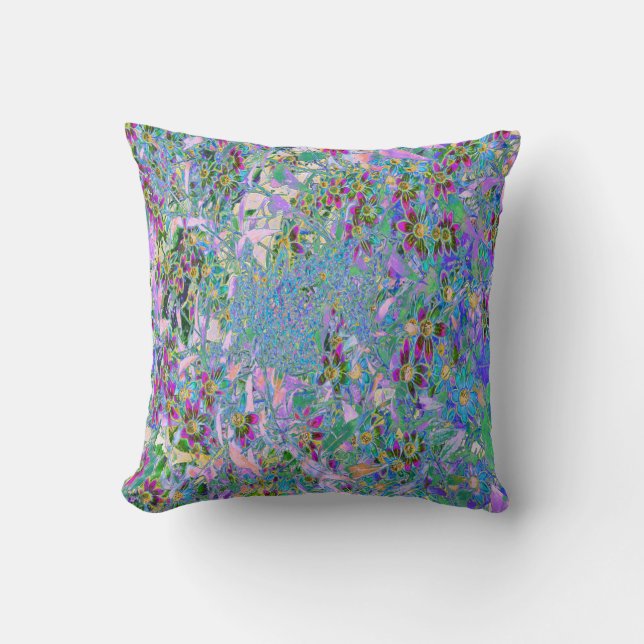 Retro Purple, Green and Blue Wildflowers on Pink Cushion (Front)