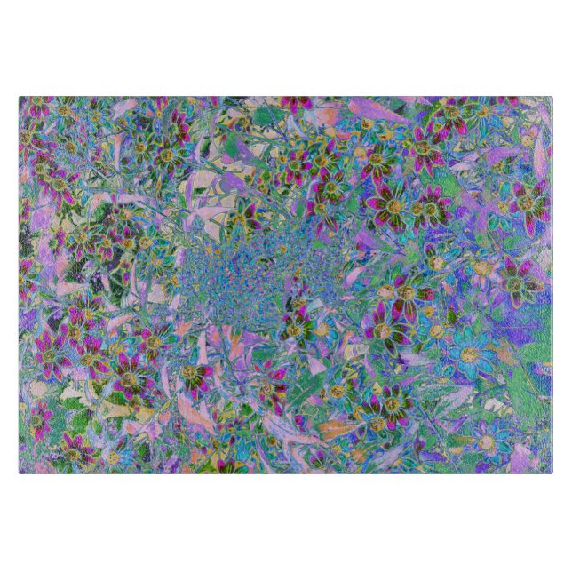 Retro Purple, Green and Blue Wildflowers on Pink Cutting Board (Front)