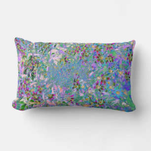 Retro Purple, Green and Blue Wildflowers on Pink Lumbar Cushion