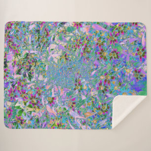 Retro Purple, Green and Blue Wildflowers on Pink Sherpa Blanket