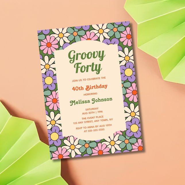 Retro Purple Green Floral Groovy 40th Birthday Invitation (Creator Uploaded)