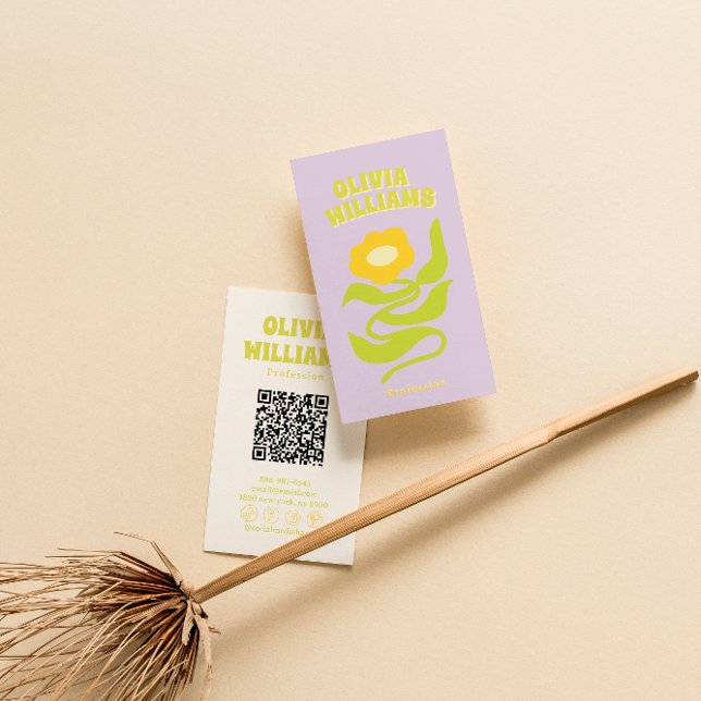 Retro Purple Green QR Code Groovy Trendy Floral Business Card (Creator Uploaded)