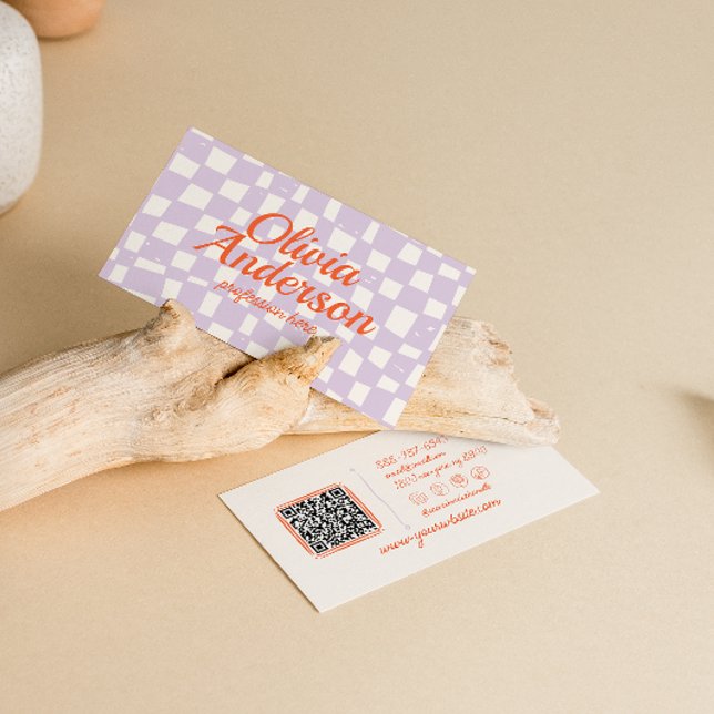 Retro Purple Hand Drawn Chequered Groovy QR Code Business Card (Creator Uploaded)