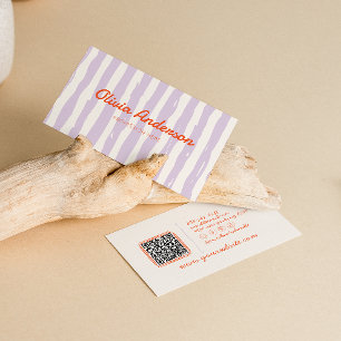 Retro Purple Hand Written Drawn Stripped QR Code Business Card
