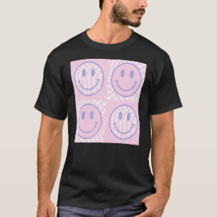 Retro Purple Happy Face  Chequered Pattern Trendy T-Shirt